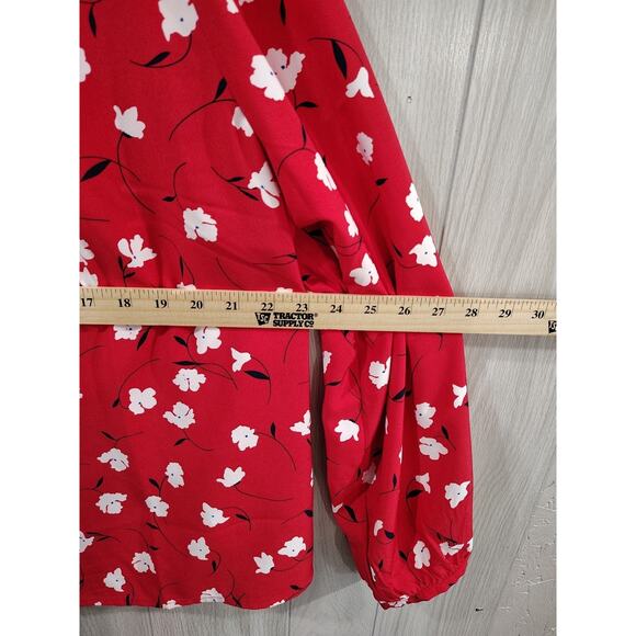 J Crew Blouse Women Red Floral Print Plus Size 3X Fairy Peasant Ruffle Neck Top - Picture 8 of 8